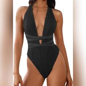 NWOT ZAFUL One Piece Deep V Ribbed Self Tie High Cut Swimsuit, Large (8-10)